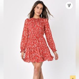 Too Cute Rust Red Floral Print Smocked Long Sleeve Mini Dress